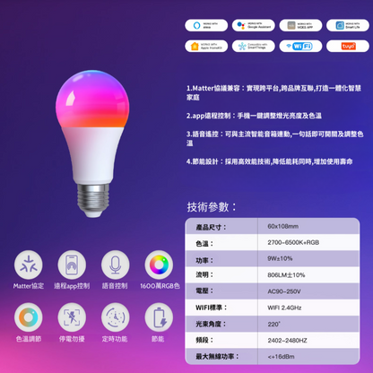 Matter智慧燈泡9W E27支援homekit